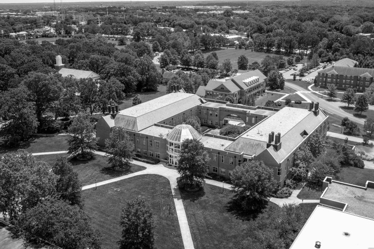 An aerial view of campus showing the Math and Science Building.